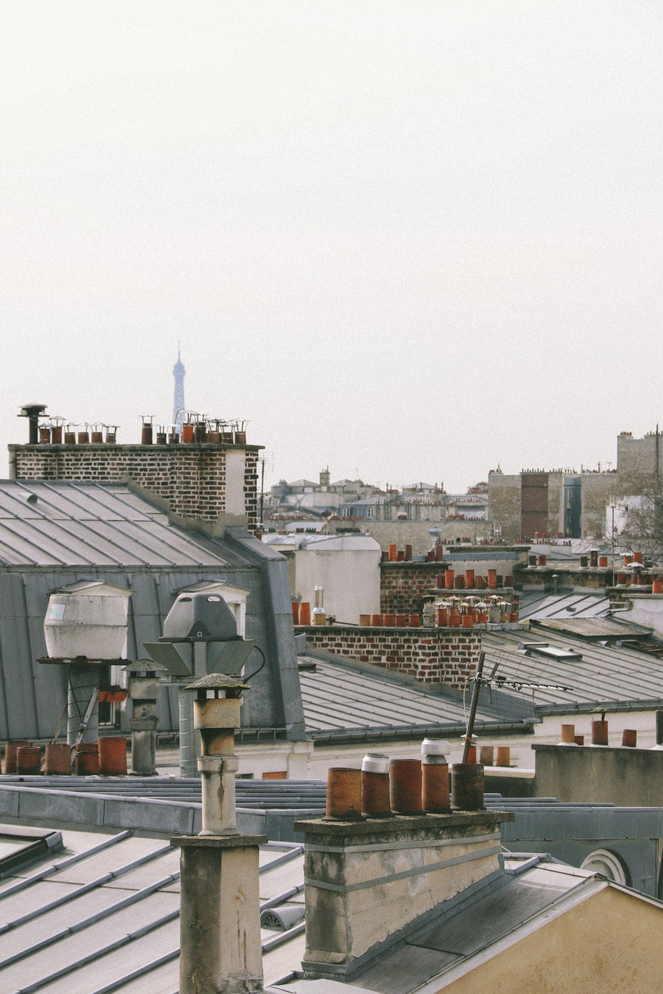Toits de zinc et cheminées en terre cuite de Paris, sous un ciel pâle.